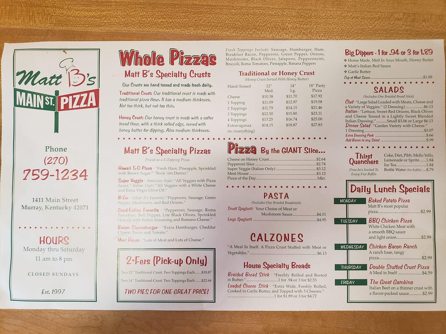 Matt B's Main Street Pizza Menu image 2